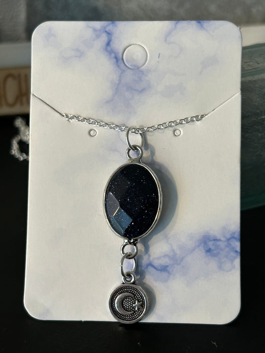 Blue Sandstone Necklace with Moon Charm