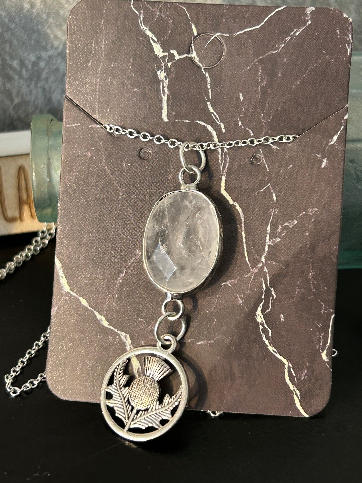 Clear Quartz with Thistle Charm Necklace