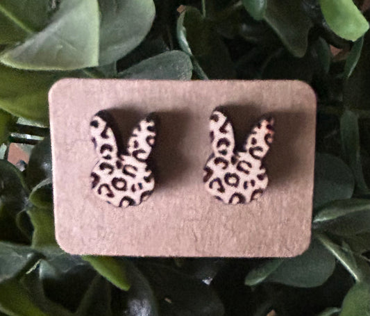 Wooden Leopard Print Bunny Earrings